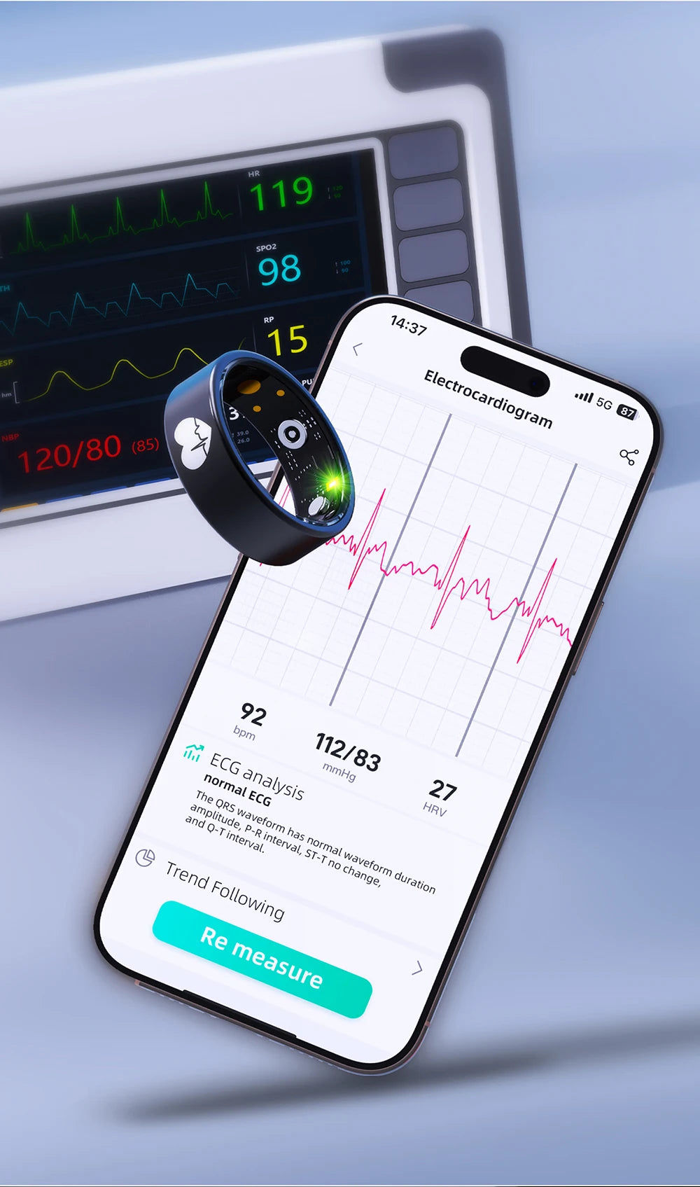 Sleek black smart fitness ring shown next to a smartphone displaying health and ECG data.