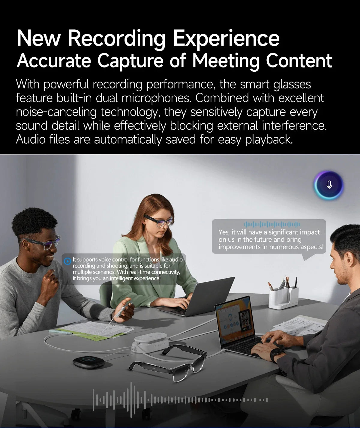People wearing sleek black smart recording glasses with AI features in a professional meeting setting.