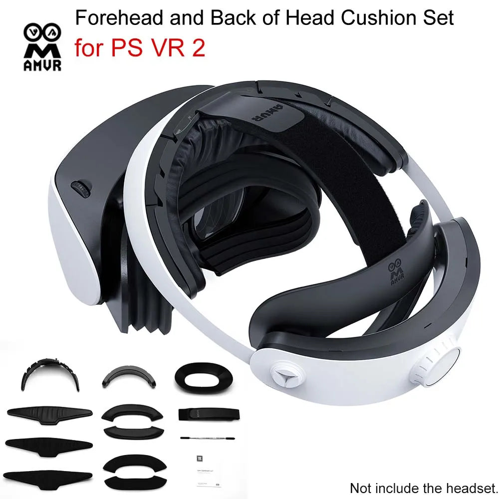 AMVR black and white comfort kit for PS VR2 with cushioned forehead pad, back cushion, and replacement parts.