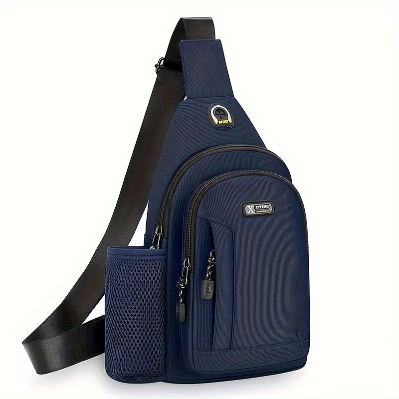 Navy blue Oxford crossbody chest bag with adjustable strap, zipped compartments, and a side mesh water bottle holder.