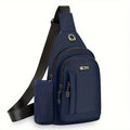 Navy blue Oxford crossbody chest bag with adjustable strap, zipped compartments, and a side mesh water bottle holder.