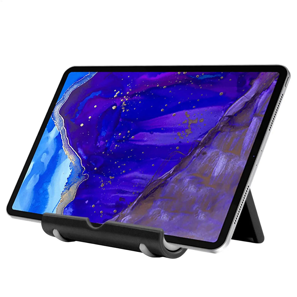 Sleek black tablet stand holding a tablet with a vibrant purple and gold abstract screen, isolated on white.