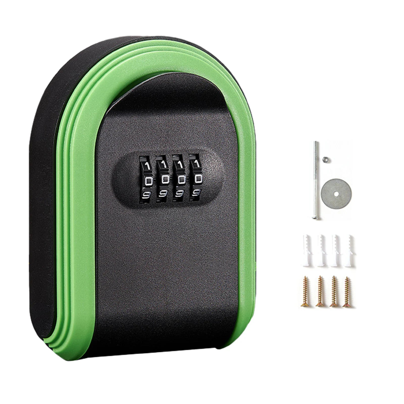 Black and green plastic wall-mounted key lock box with a four-digit combination code and mounting hardware.