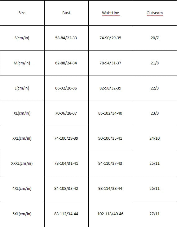 Size guide table for clothing, listing measurements in cm and inches for bust, waist, and outseam for sizes S to 5XL.