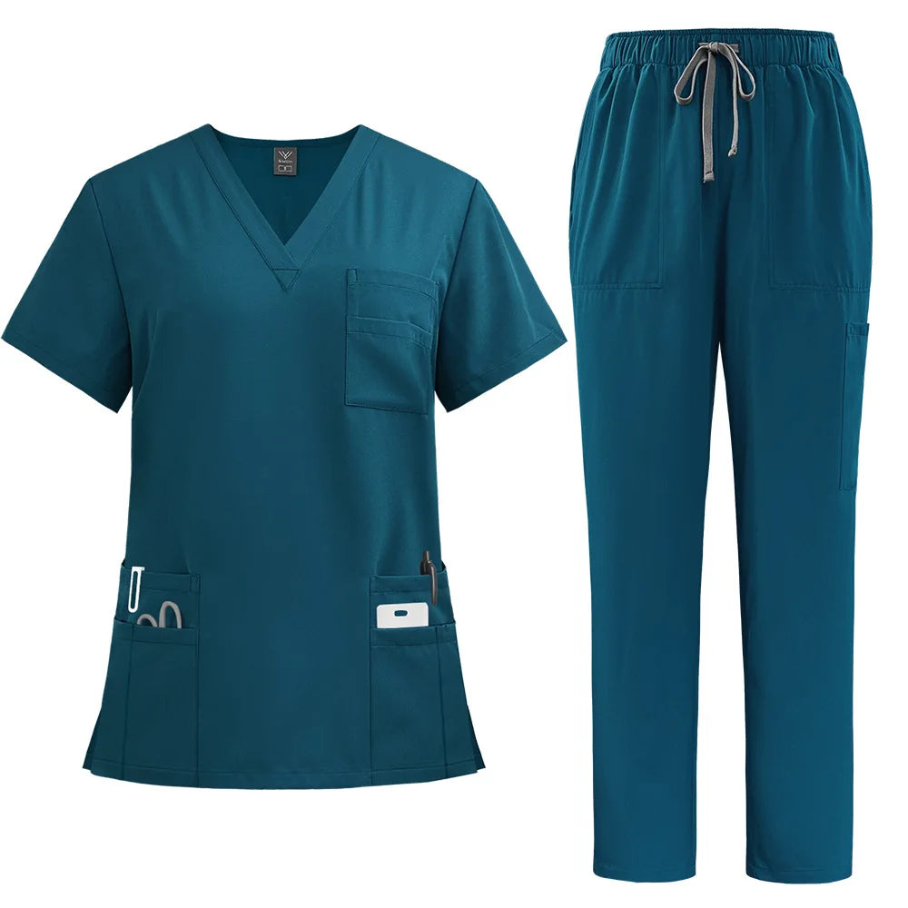 Teal women's scrub set with a V-neck top, multiple pockets, and drawstring trousers.
