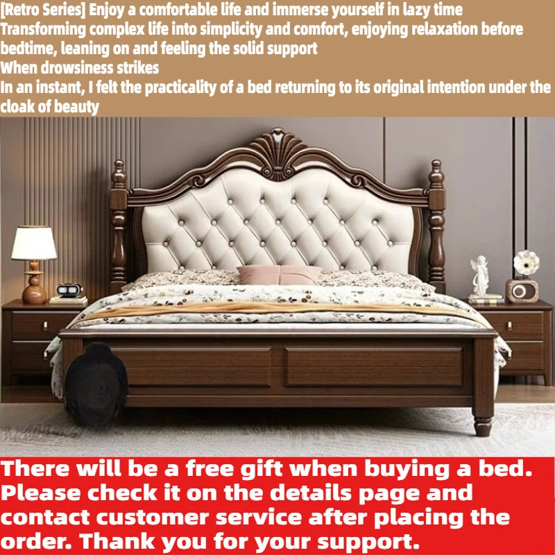 Retro 180x200cm wooden double bed with a dark wood frame and a cream tufted, button-back upholstered headboard.