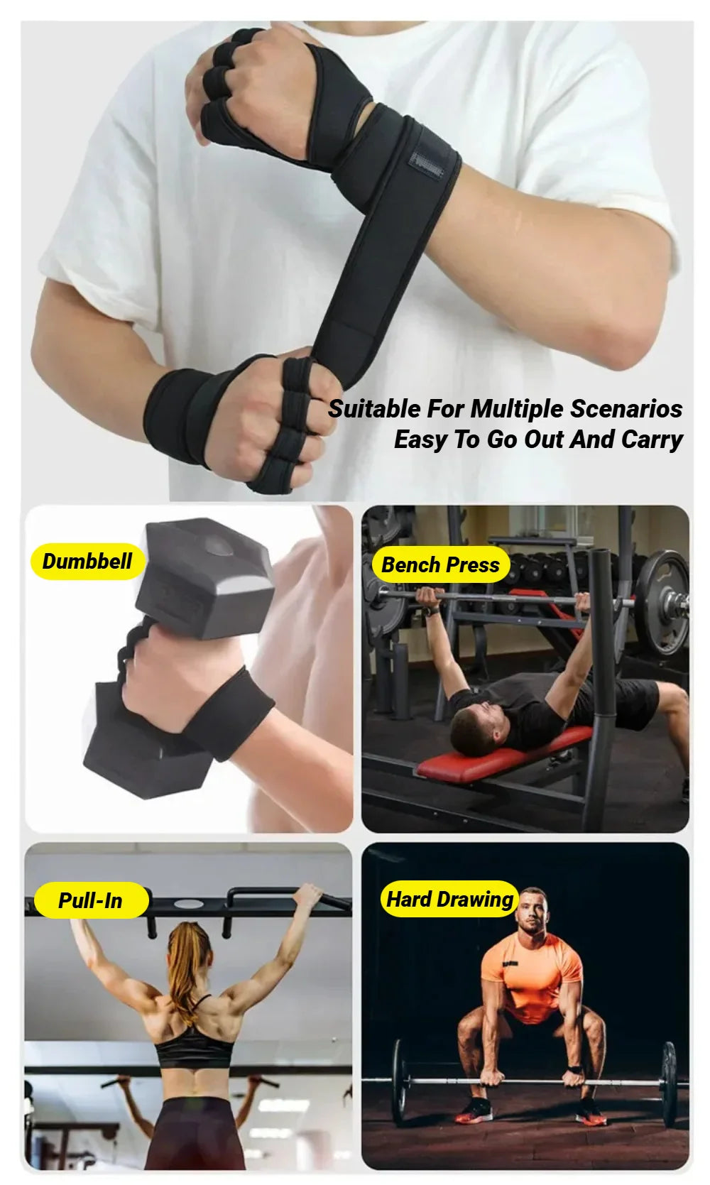 Black fitness wrist wraps with finger loops, shown during weightlifting, bench press, pull-ups, and deadlifts.
