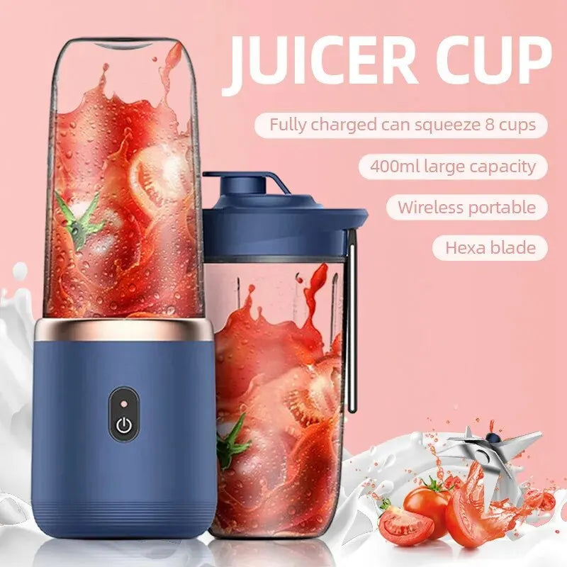 Portable 400ml blue juicer cup with a sleek design, wireless operation, and a hexa-blade for blending fresh fruit.