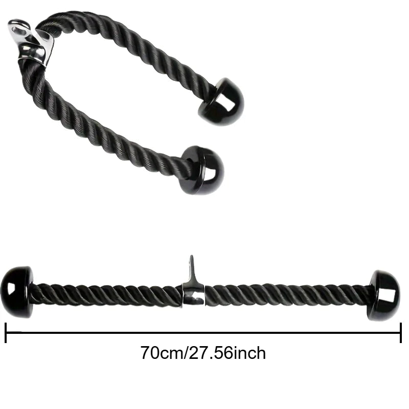 Black tricep rope attachment, 70cm length, featuring a durable braided design with sturdy end stoppers and metal hook.