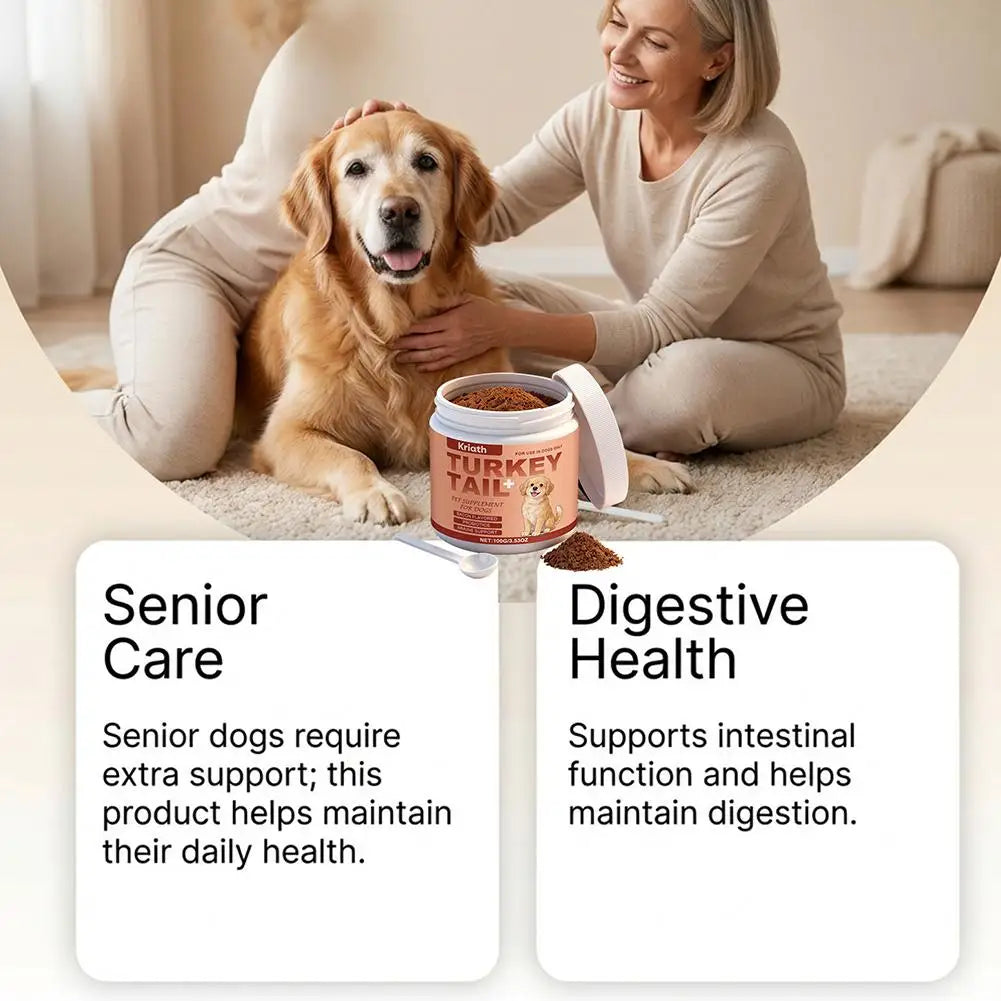 A woman petting a golden retriever beside a tub of Turkey Tail dog digestive health supplement powder.