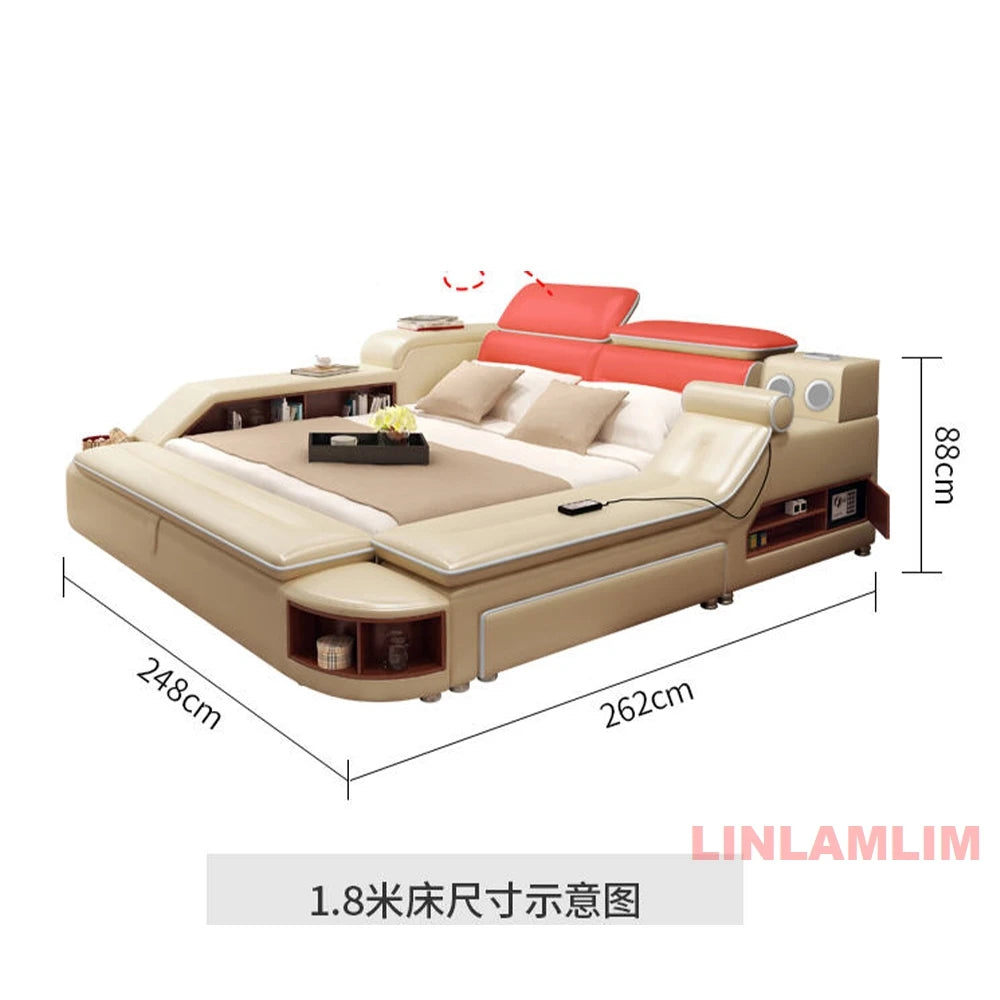 Modern cream and red genuine leather platform bed with built-in storage shelves, headrest and integrated lighting.