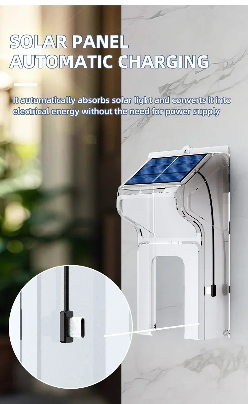 Clear protective cover for a wireless video doorbell featuring an integrated solar panel for automatic charging.