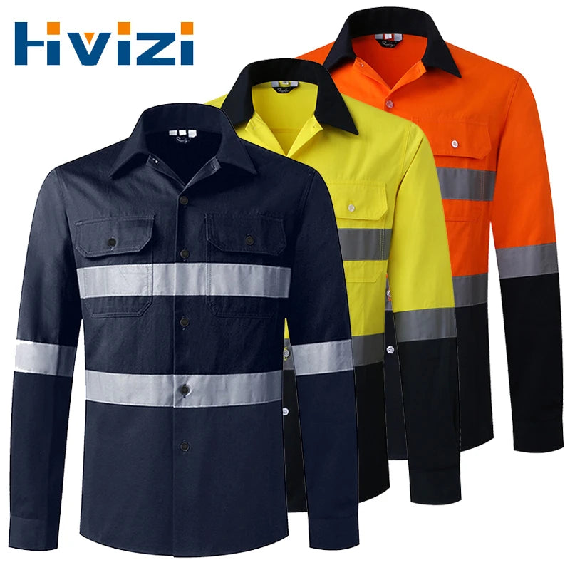 Men's long-sleeve high-vis work shirts in navy, yellow, and orange, featuring reflective stripes and buttoned pockets.