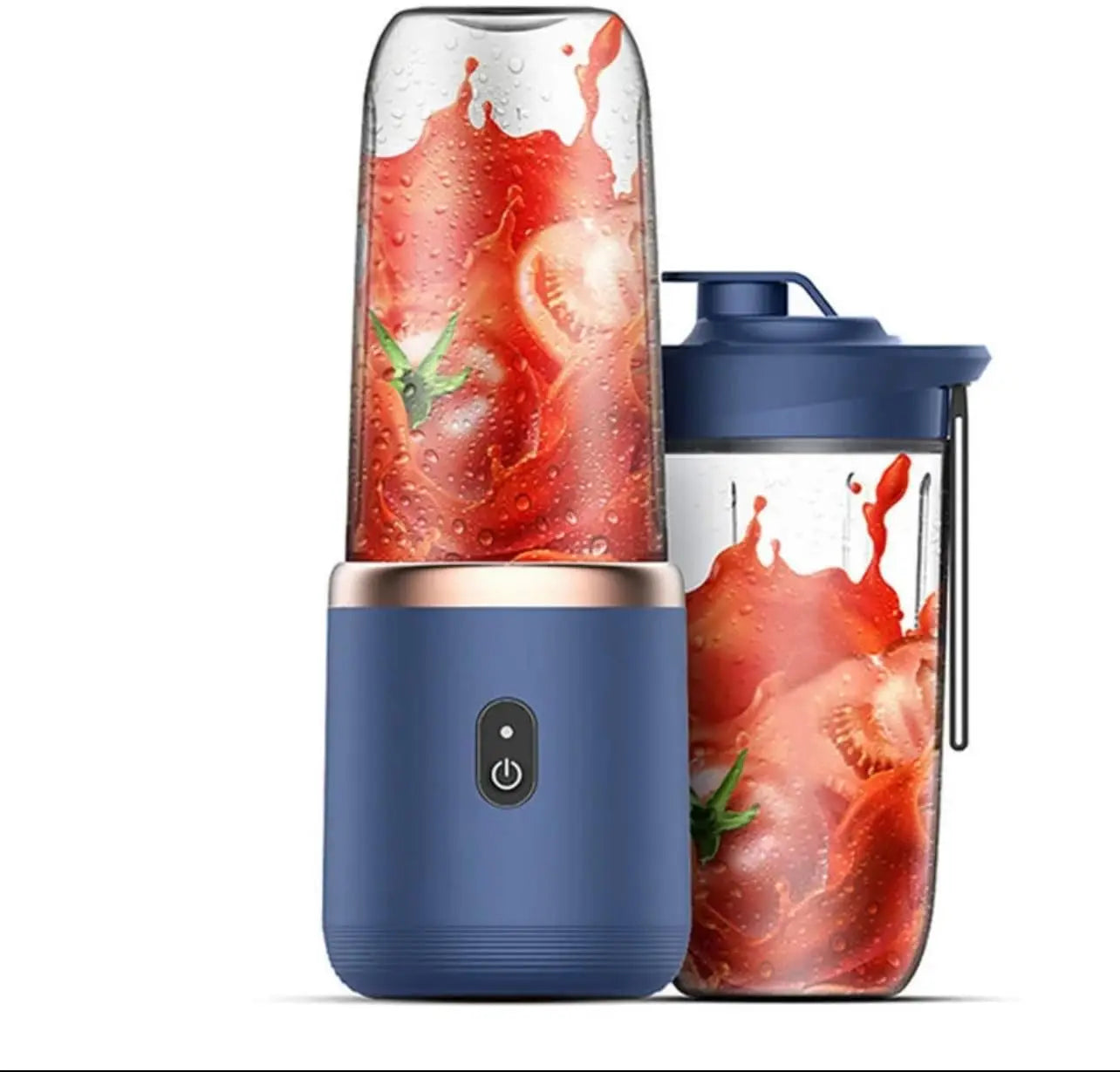 Portable blue personal blender with copper accent and tomato juice-filled cup, featuring a sleek, minimalist design.