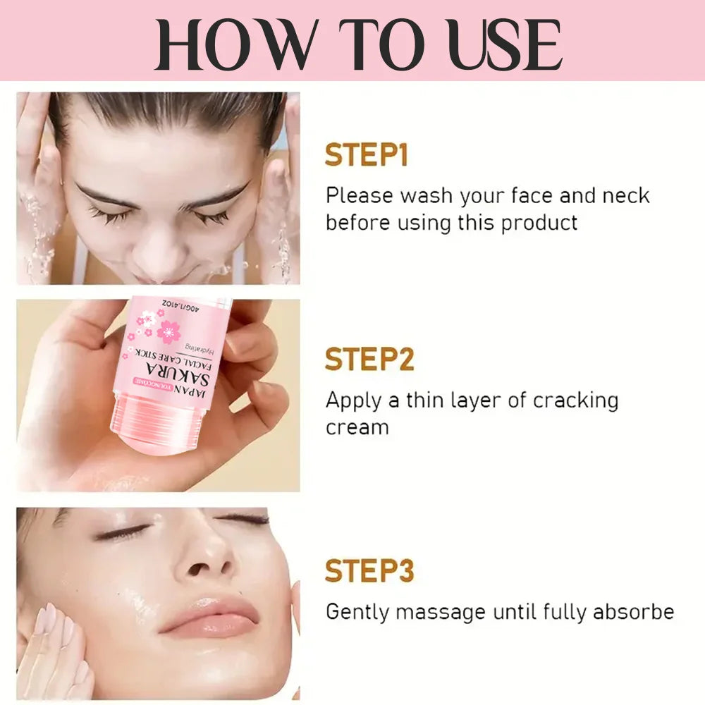 Instructions for Sakura Hydrating Facial Care Stick showing a person washing face, applying the pink tube, and massaging.