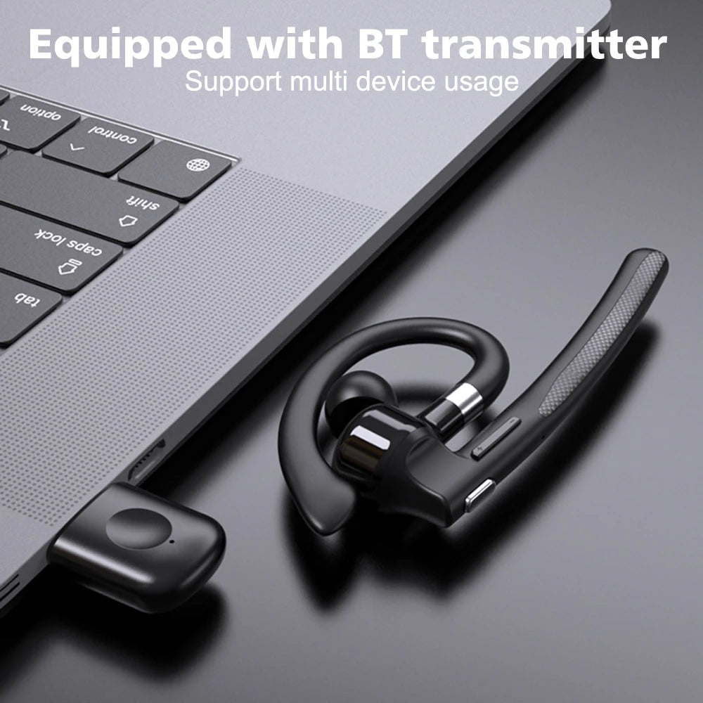 Black wireless Bluetooth earhook headphone with built-in microphone and USB transmitter plugged into a laptop.