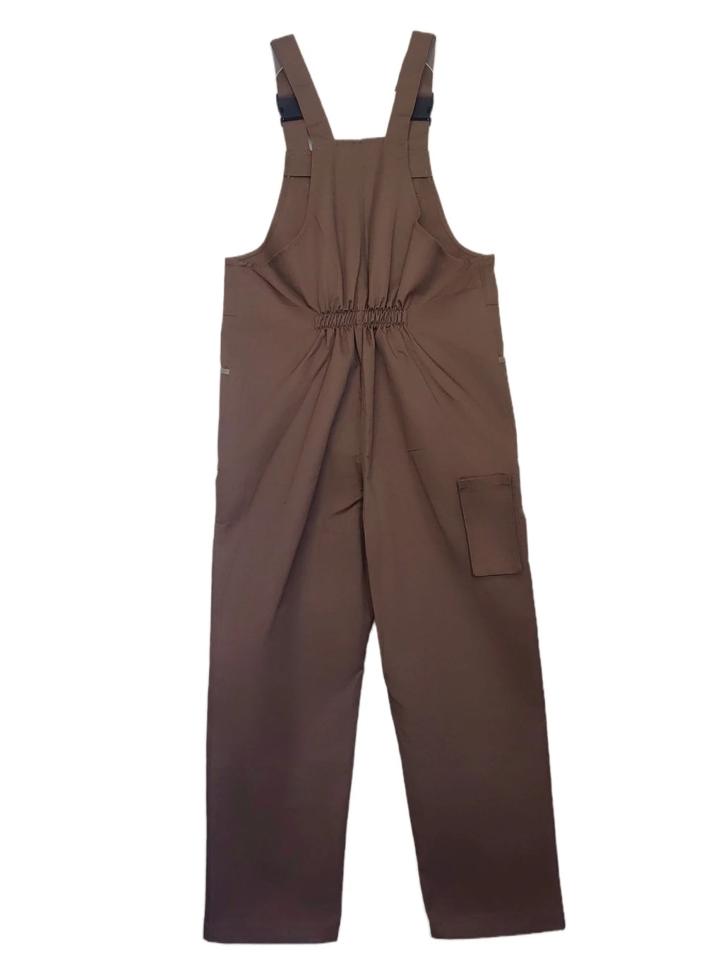 Brown heavy-duty workshop dungarees with an elasticated waist, adjustable shoulder straps, and a side leg pocket.