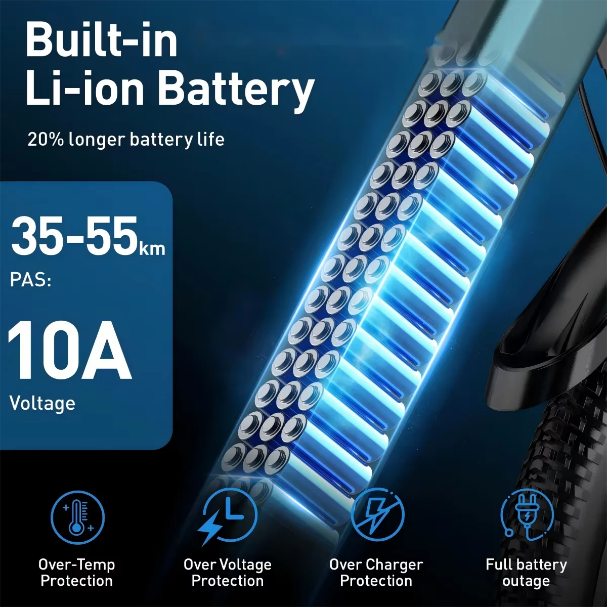 Aairsk GT300 e-bike cutaway view highlighting the built-in 36V 10Ah lithium-ion battery inside the frame.