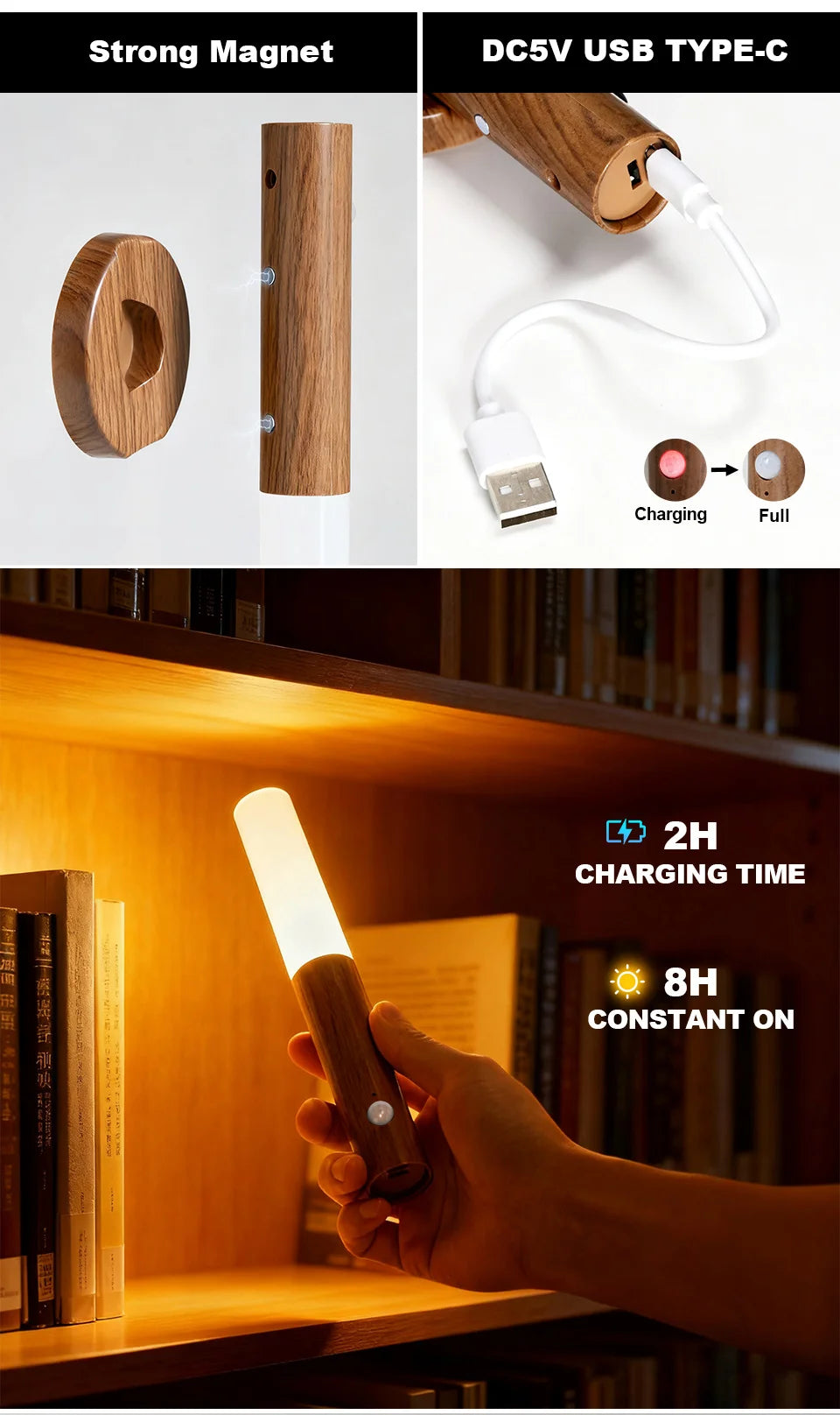 Magnetic wood-effect LED night light with motion sensor, rechargeable via USB-C, shown in use on a bookshelf.