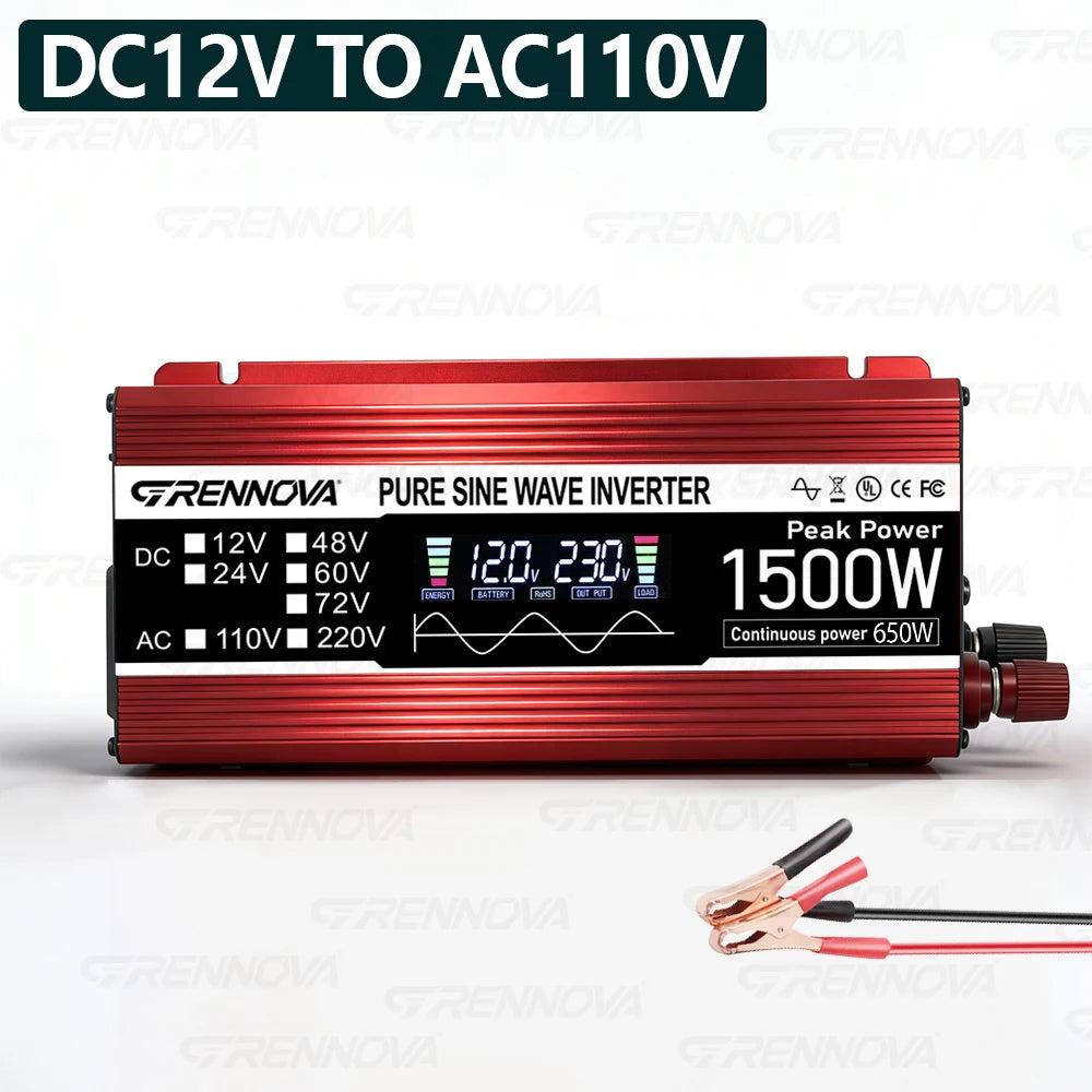 Red 1500W pure sine wave power inverter with a digital display screen and included battery clips.