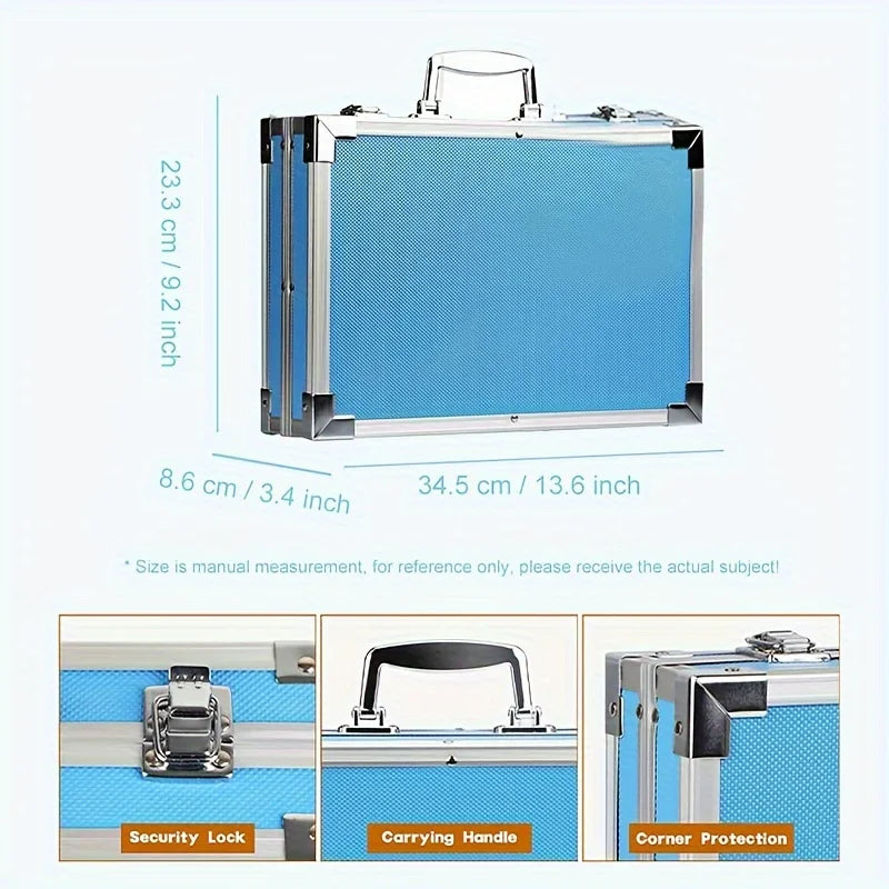 Blue metal storage briefcase with silver trim, handle, security locks, and reinforced corners. Dimensions shown.