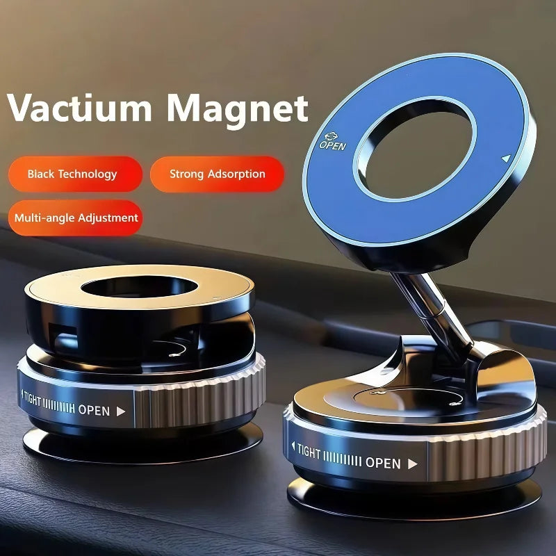 Two black and metallic magnetic car phone mounts with circular designs and adjustable arms on a dashboard.