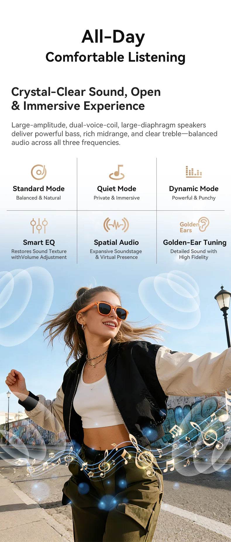 A woman wearing orange smart glasses outdoors, showing text and icons for audio modes and spatial sound features.