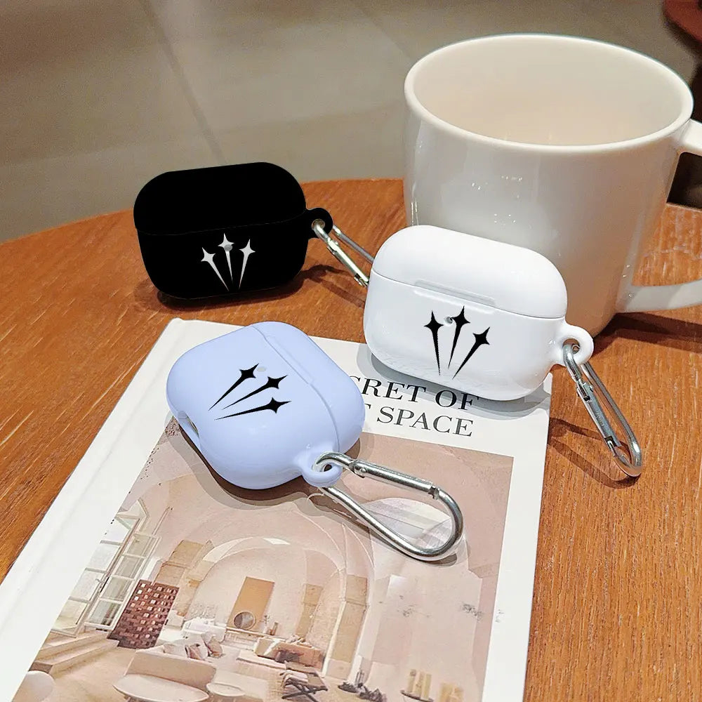 Black, white, and blue silicone AirPods Pro cases featuring a star design and metal carabiner clips.