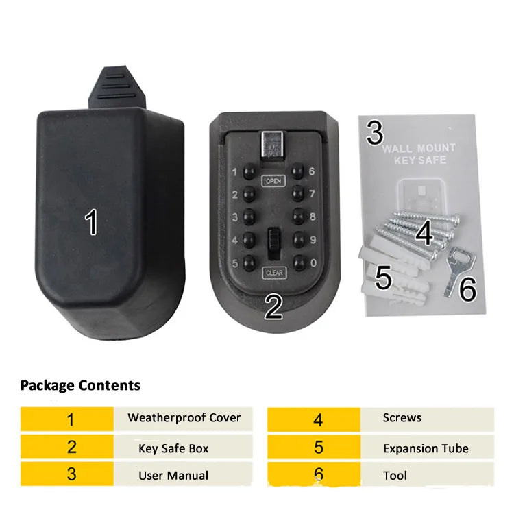 Black wall-mount key safe box with push-button combination lock, weatherproof cover, screws, anchors, and manual.