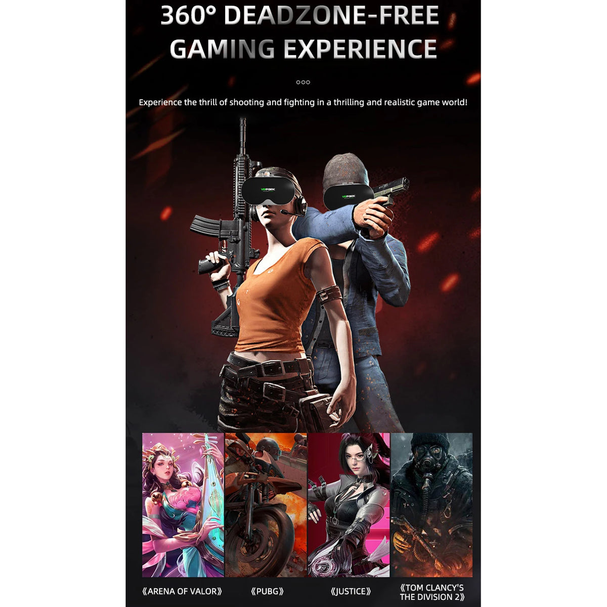 Black VR headset worn by two characters holding weapons in a promotional poster with game art.