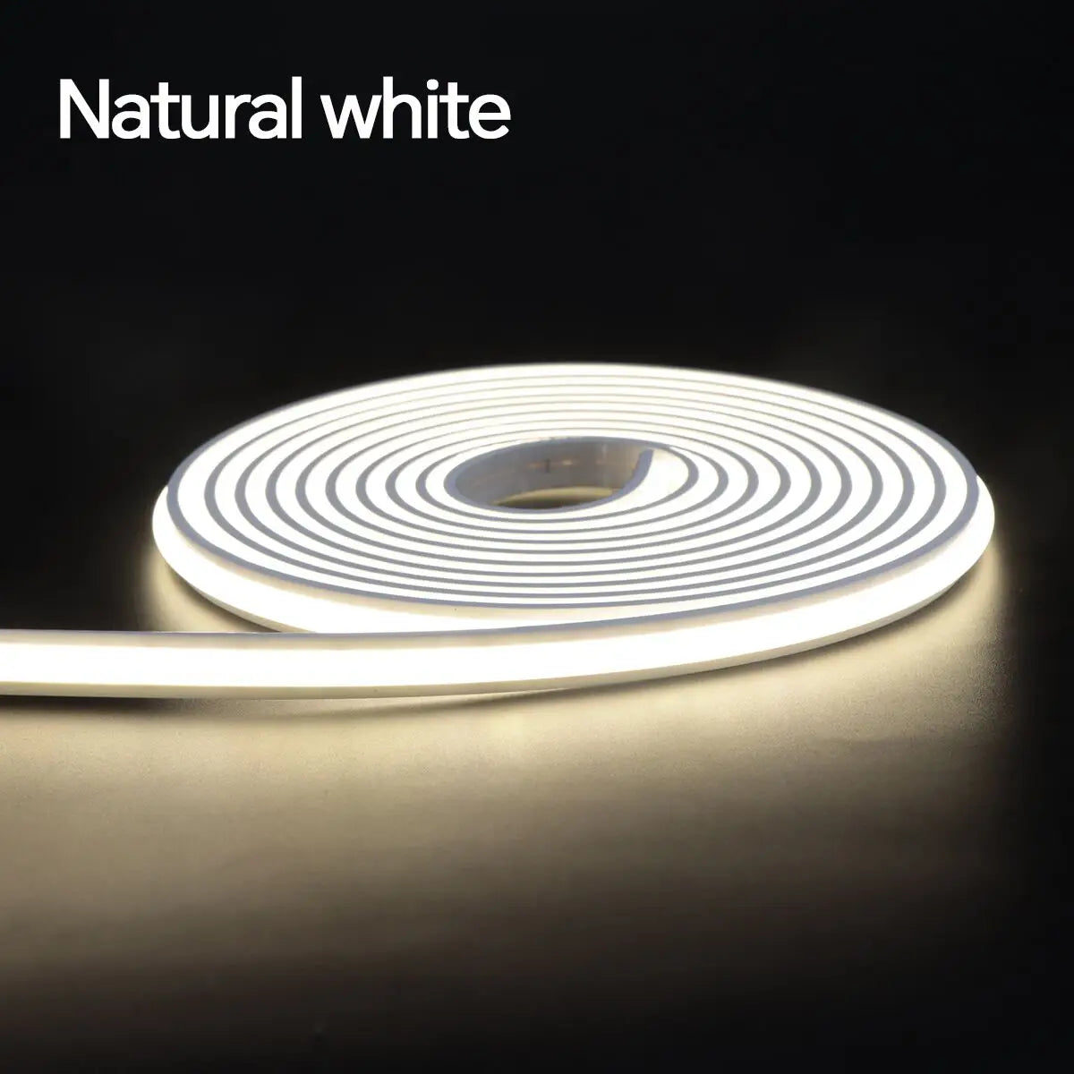 Coiled smart LED neon strip light glowing with a natural white light against a dark background.