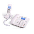 White corded desk phone with a matching cordless handset, both featuring backlit digital displays and number pads.