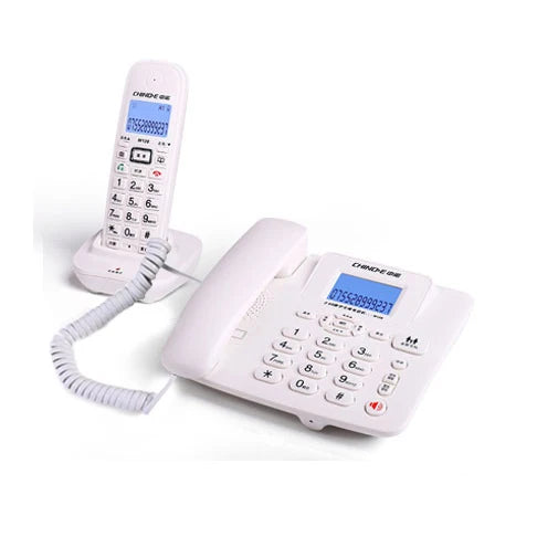 White corded desk phone with a matching cordless handset, both featuring backlit digital displays and number pads.