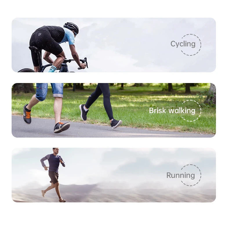 A smart health ring tracking activities including cycling, brisk walking, and running for an active lifestyle.
