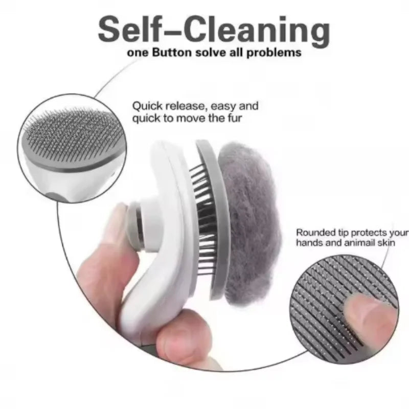 White and grey self-cleaning pet slicker brush with a button for quick fur removal and rounded wire bristles.