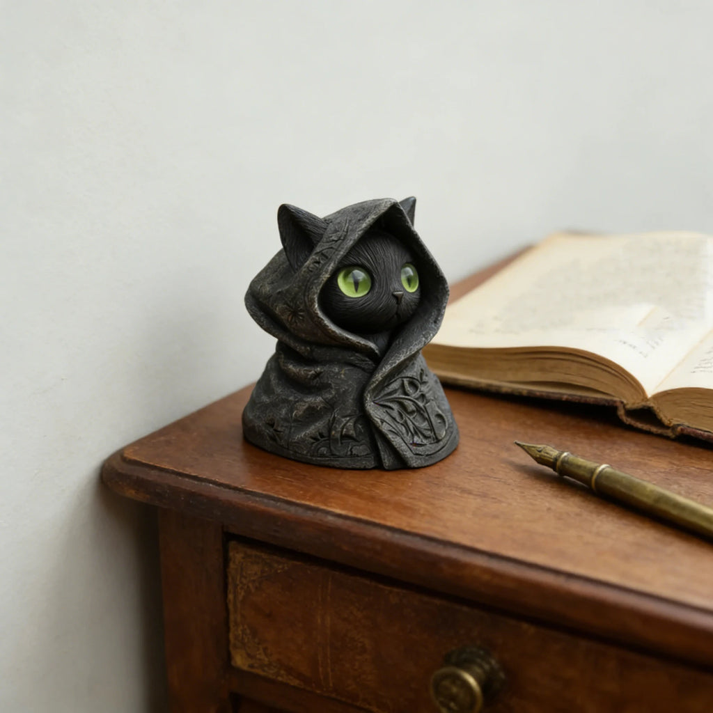 Black resin cat ornament wearing a mystical hooded cloak with intricate patterns and striking green eyes.