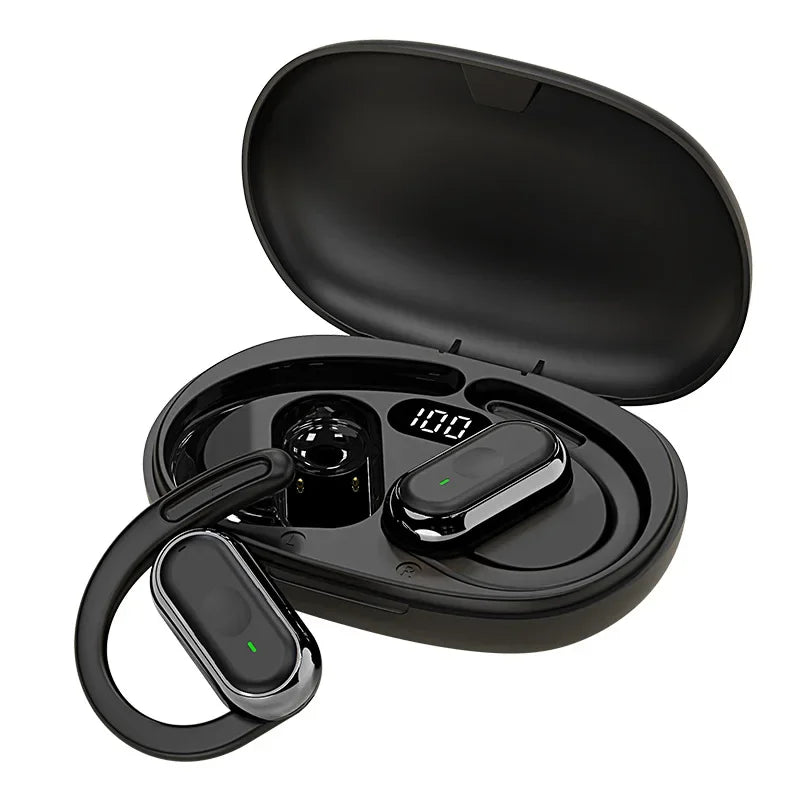 Black wireless earbuds with ear hooks in a charging case featuring a digital battery display.