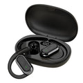 Black wireless earbuds with ear hooks in a charging case featuring a digital battery display.