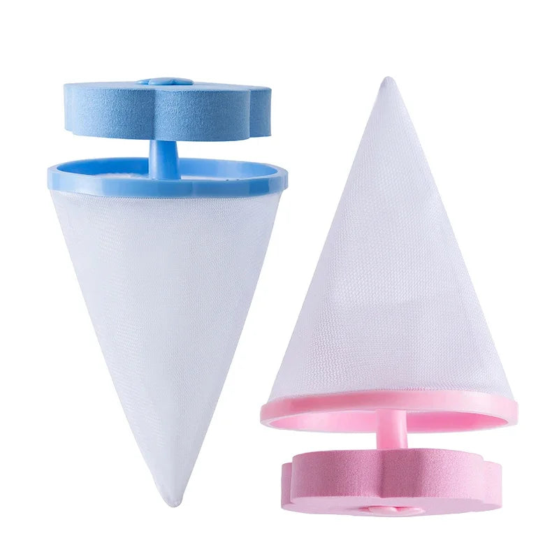 Two reusable floating laundry mesh lint catcher bags in blue and pink with flower-shaped foam tops.