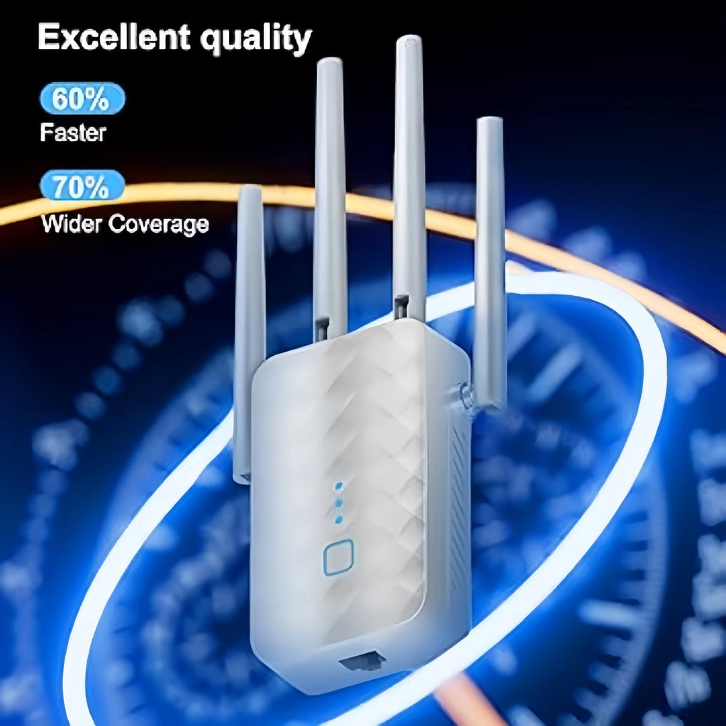 White 1200Mbps WiFi range extender with four external antennas and a textured, diamond-patterned front panel.