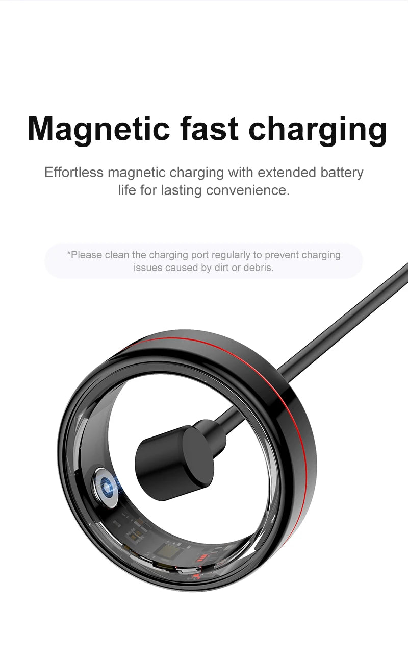 Sleek black smart health ring with a red detail line, shown being charged by a magnetic cable.