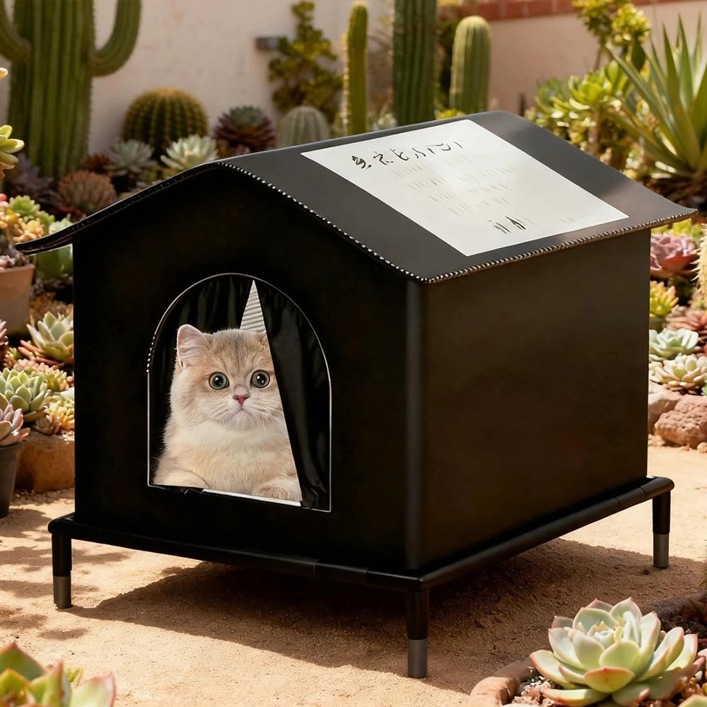 A black, elevated waterproof cat house with an arched entrance, set in a desert garden. A cute cat peeks from inside.
