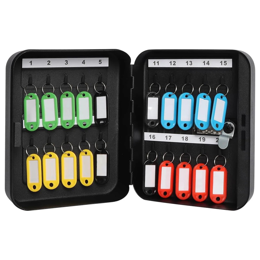 Black metal key cabinet with twenty numbered hooks and assorted colorful plastic key tags with labels.