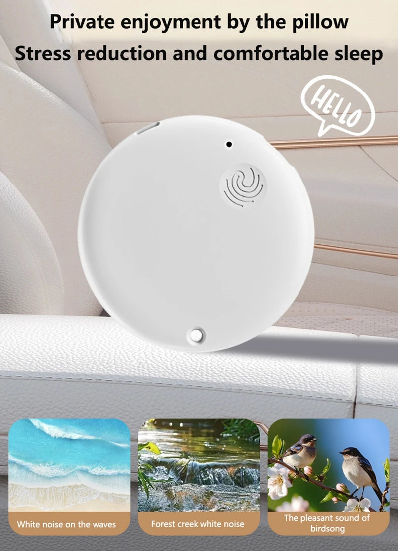 A sleek, white circular portable speaker on a textured white surface, featuring a small speaker grille and button.