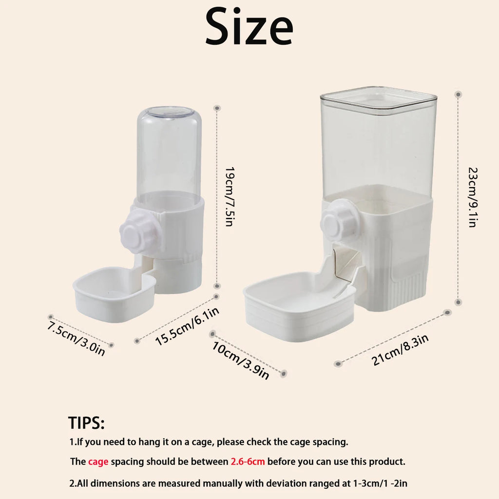Two clear and white plastic pet food dispensers with dimensions labeled in centimeters and inches.