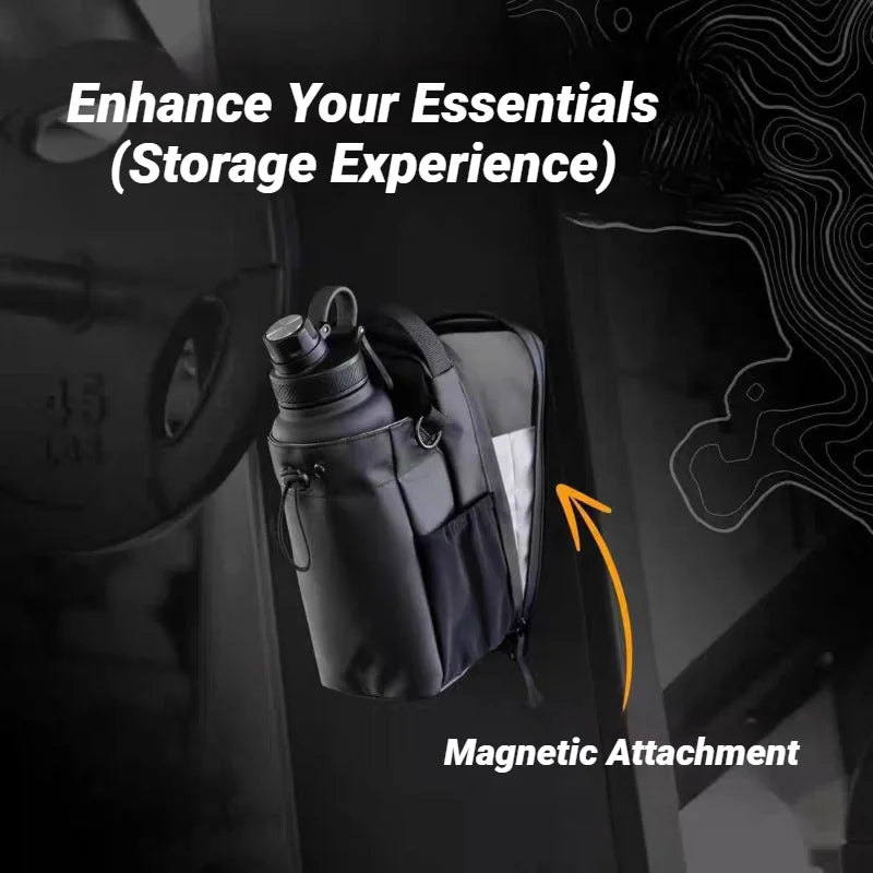 Black magnetic bottle holder pouch with a water bottle attached, displayed against a dark gym background.