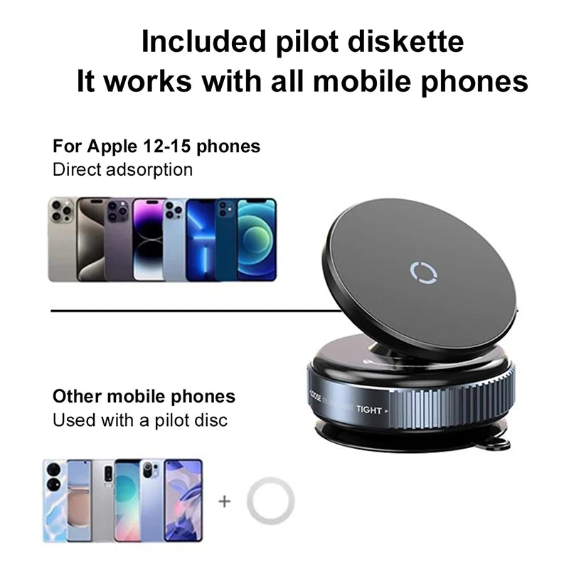 Black magnetic phone mount with a round, adjustable head and ribbed base. Includes a pilot disc for universal use.