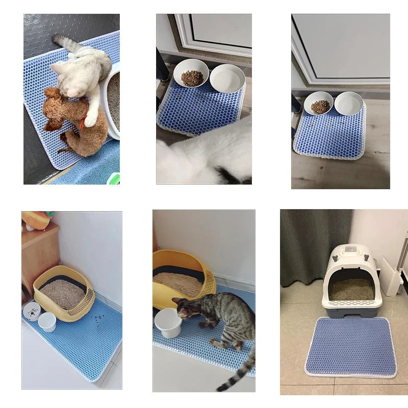 Blue double-layer honeycomb cat litter mat with a non-slip design, shown under pet bowls and litter boxes.