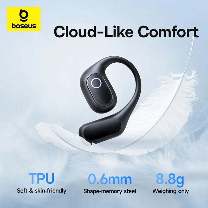 Black, lightweight ear-hook headphones with a sleek, minimalist design resting on a white feather.