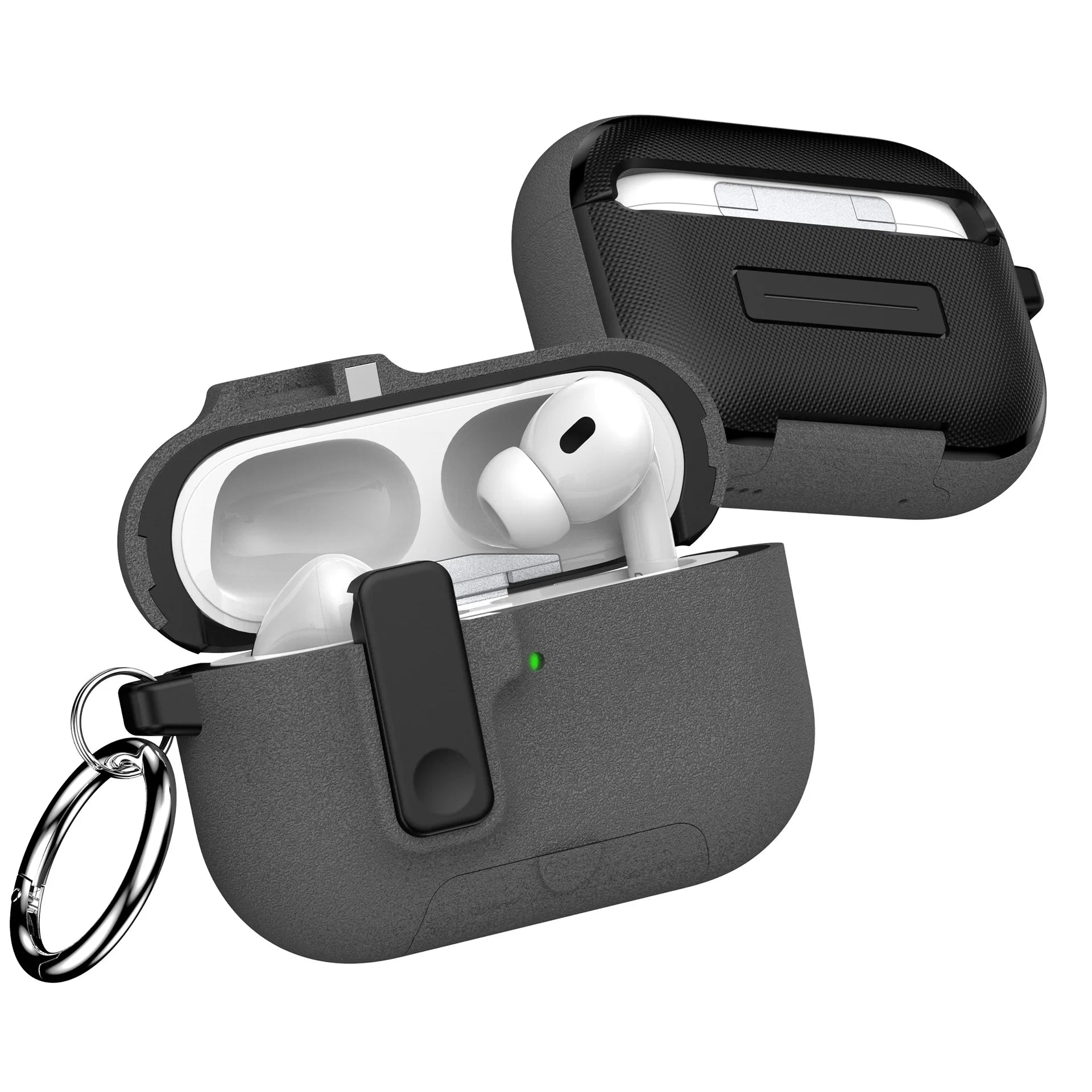 Charcoal grey textured protective case for Apple AirPods Pro with integrated carabiner and secure clip closure.